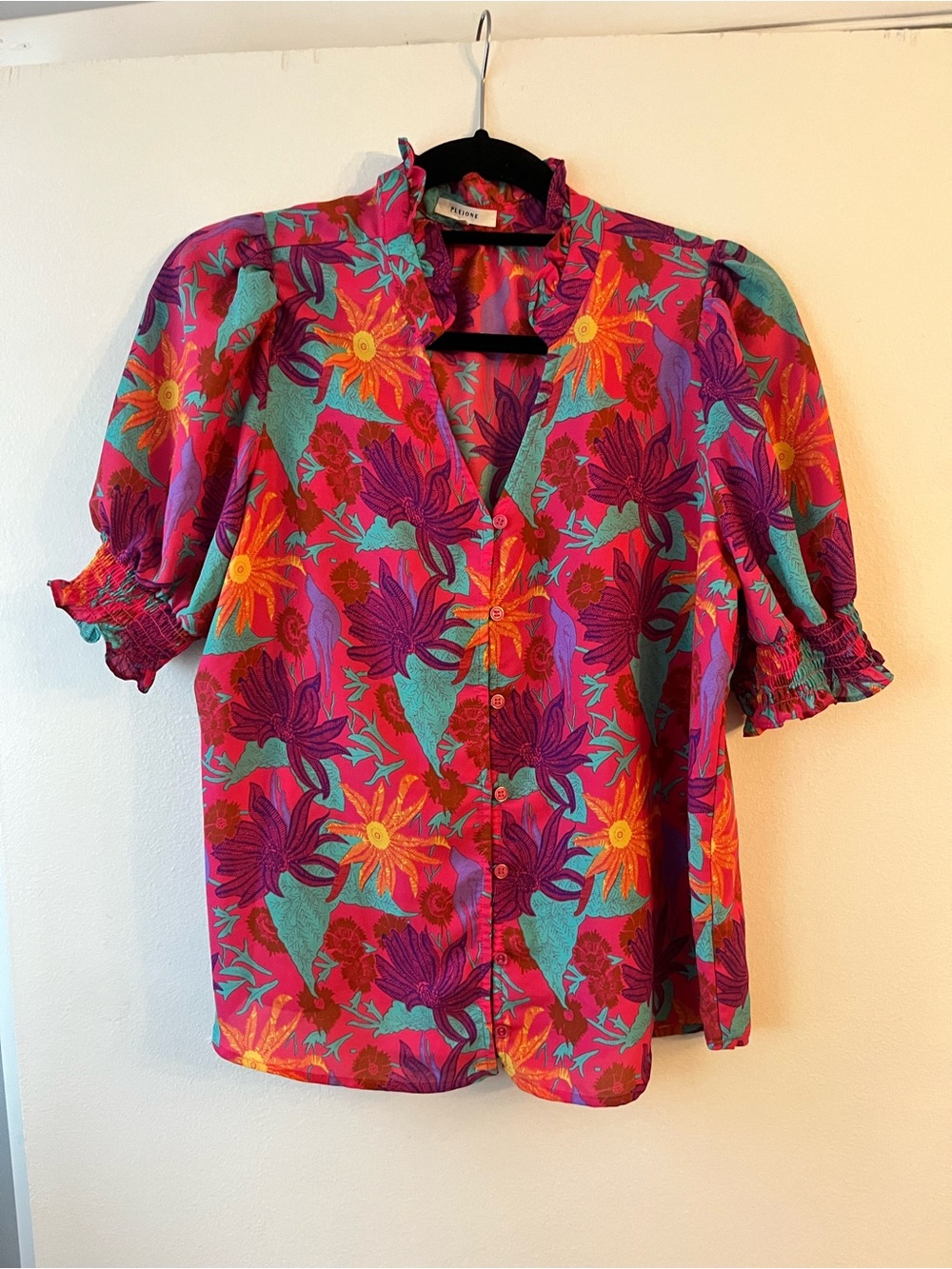 Pleione Pink Floral Button-Front Blouse with Puff Sleeves